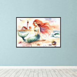 Wasserfarben-Meerjungfrau am Leuchtturmufer Leinwanddruck