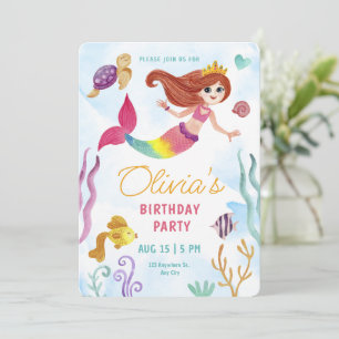 Wasserfarben-Meerjungfrau-Under-The-Sea-Birthday-P Einladung