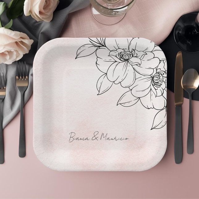 Wasserfarben mit eleganter Schwarzer Blume Pappteller (Blush Watercolor with Elegant Black Floral Detail Paper Plates)
