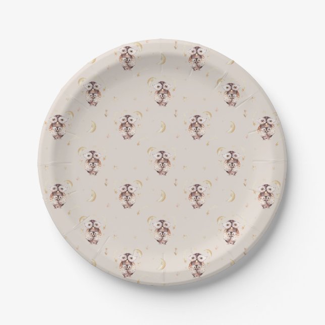 Wasserfarben Mommy and Baby Owl Pattern Babydusche Pappteller (Vorderseite)