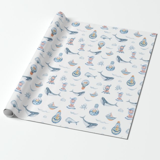 Wasserfarben-Muster für Nautische Wale und Glühbir Geschenkpapier (Ungerollt)