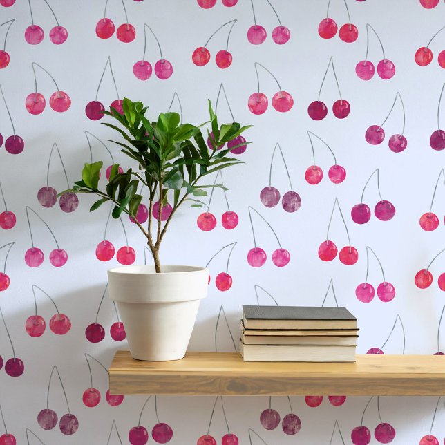 Wasserfarben-Muster Tapete (Sweet watercolor cherry pattern art wallpaper In blue)