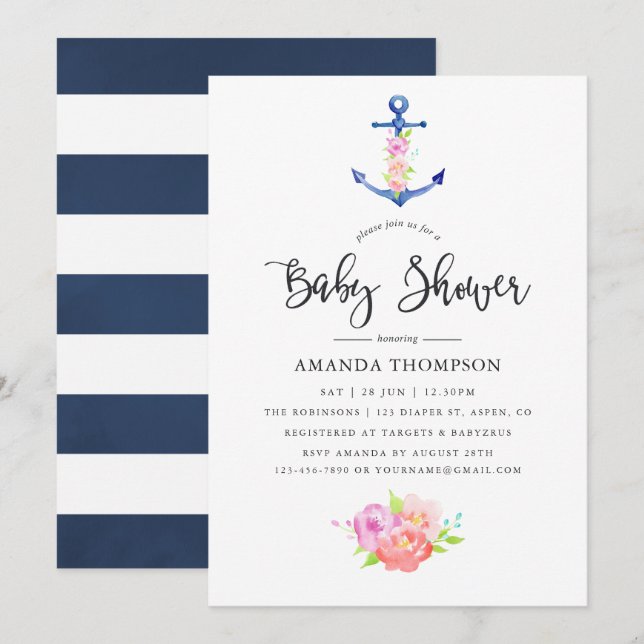 Wasserfarben Nautical Themed Floral Baby Dusche Einladung (Vorne/Hinten)