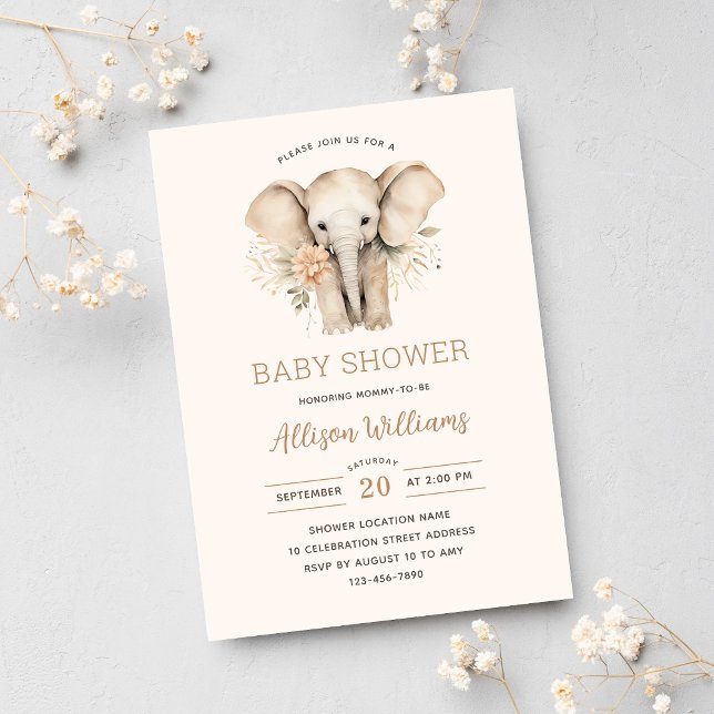 Wasserfarben Niedlich Elephant Floral Girl Babydus Einladung (Von Creator hochgeladen)