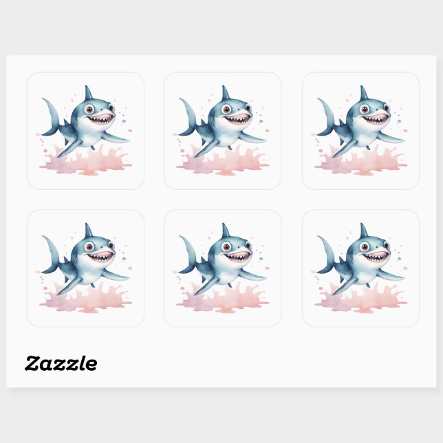 Wasserfarben, Niedlich Playful Baby Shark Quadratischer Aufkleber (Blatt)