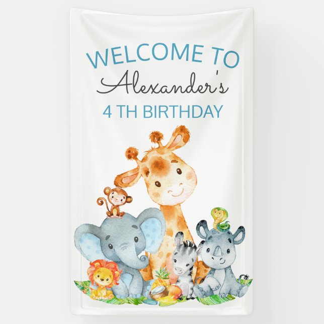 Wasserfarben Niedlich Safari Jungle Tiere Geburtst Banner (Vertikal)