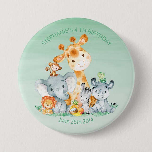 Wasserfarben Niedlich Safari Jungle Tiere Geburtst Button (Vorderseite)