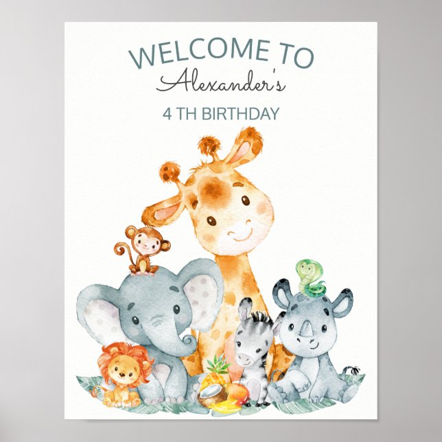 Wasserfarben Niedlich Safari Jungle Tiere Geburtst Poster (Vorne)