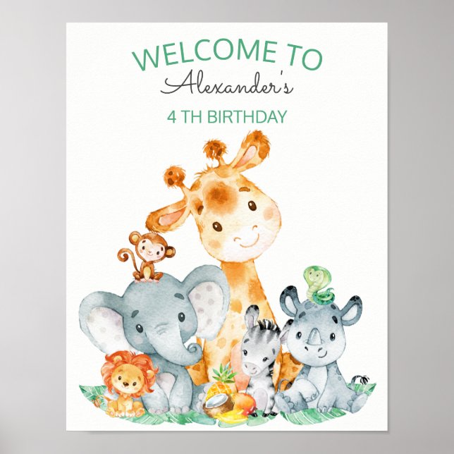 Wasserfarben Niedlich Safari Jungle Tiere Geburtst Poster (Vorne)