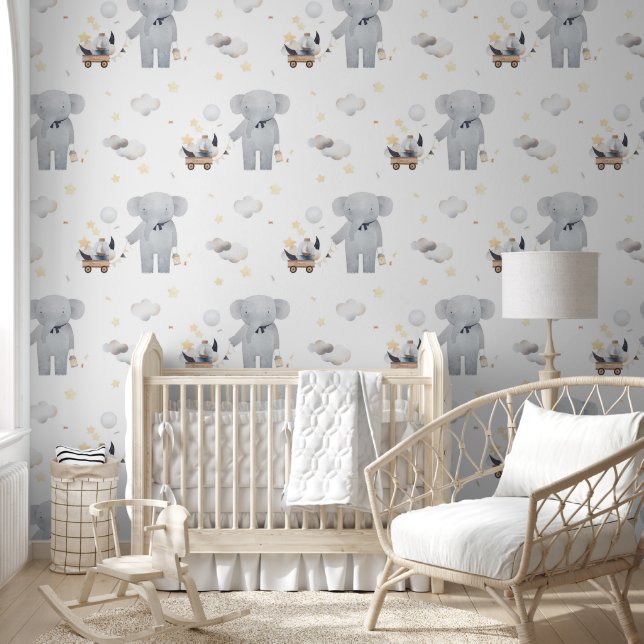 Wasserfarben Niedliche Elephant Moon Clouds Schiff Tapete (Kinder)