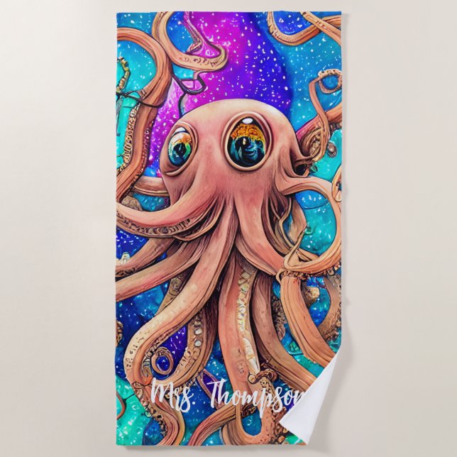 Wasserfarben-Oktopus mit Personalisiertem Namen Strandtuch (Vorderseite)