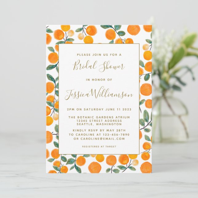 Wasserfarben Orange Citrus Custom Brautparty Invi Einladung (Stehend Vorderseite)