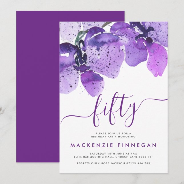 Wasserfarben Orchids Violet Fiftieth Birthday Part Einladung (Vorne/Hinten)