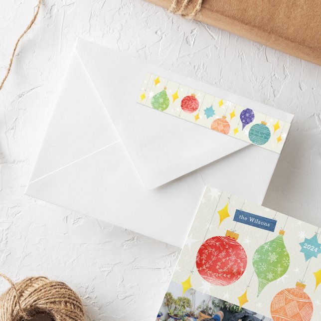 Wasserfarben Ornamente Weihnachten Urlaub (Colorful bright watercolor Christmas tree ornaments holiday card wrap around return address label)