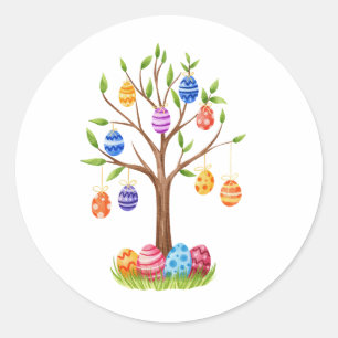 Wasserfarben-Osterbaum mit hängenden verzierten Ei Runder Aufkleber