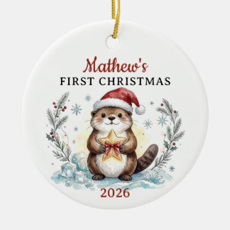 Wasserfarben-Otter-Baby-Erstes-Weihnachten-Kundens Keramik Ornament