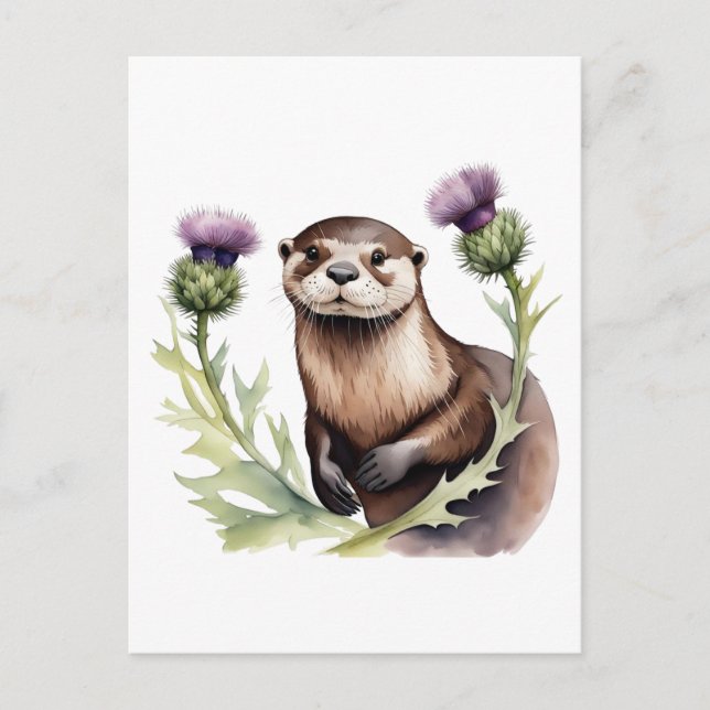 Wasserfarben-Otter und -disteln Postkarte (Vorderseite)