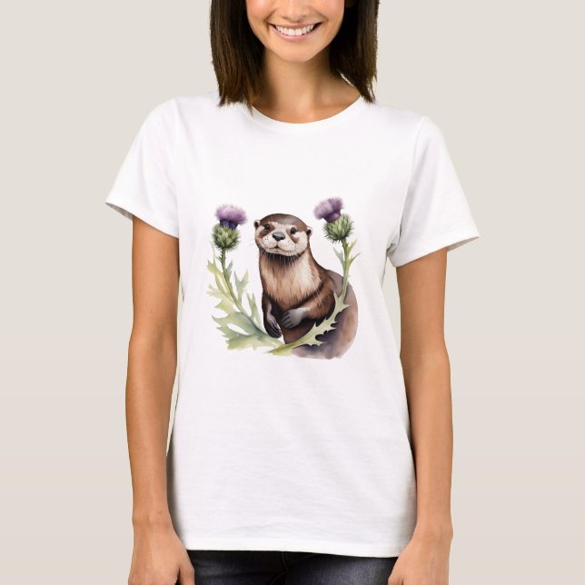 Wasserfarben-Otter und -disteln T-Shirt (Vorderseite)