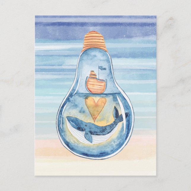 Wasserfarben-Ozean-Glühbirne Humpback Whale Ship Postkarte (Vorderseite)