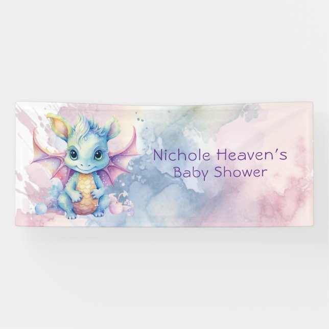 Wasserfarben Pastel Dragon Girl Babydusche Banner (Horizontal)