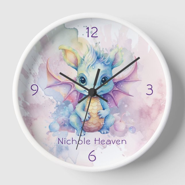 Wasserfarben Pastel Dragon Girl Babyduschgeschenk Uhr (Vorderseite)