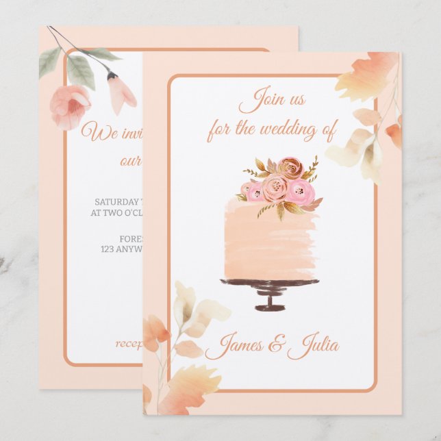 Wasserfarben-Peach-Floral Hochzeitthema Einladung (Vorne/Hinten)