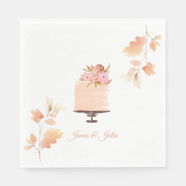 Wasserfarben-Peach-Floral Hochzeitthema Serviette (Vorderseite)