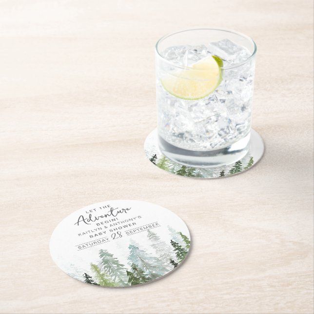 Wasserfarben Pine Tree Forest Baby Dusche Runder Pappuntersetzer (Vor Ort)