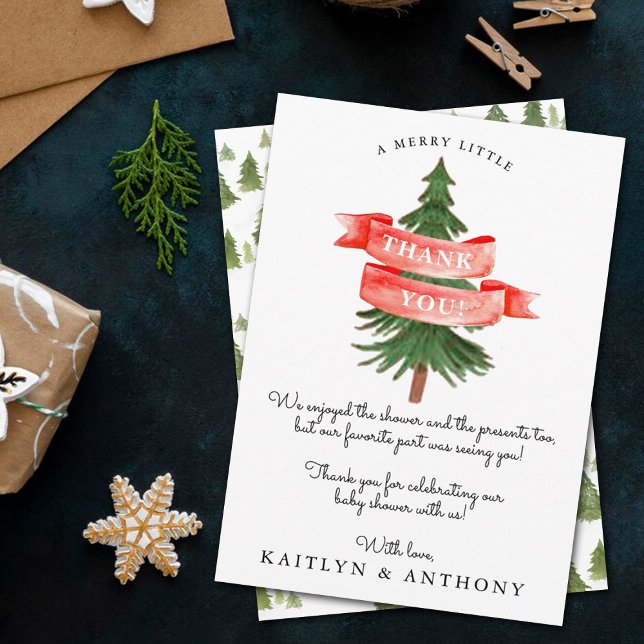 Wasserfarben Pine Tree Merry Little Baby Dusche Dankeskarte (Von Creator hochgeladen)