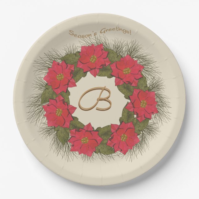 Wasserfarben-Poinsettia-Kranz - Mit Monogramm Pappteller (Vorderseite)
