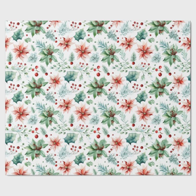 Wasserfarben Poinsettias und Berries Weihnachten Geschenkpapier (Saum)