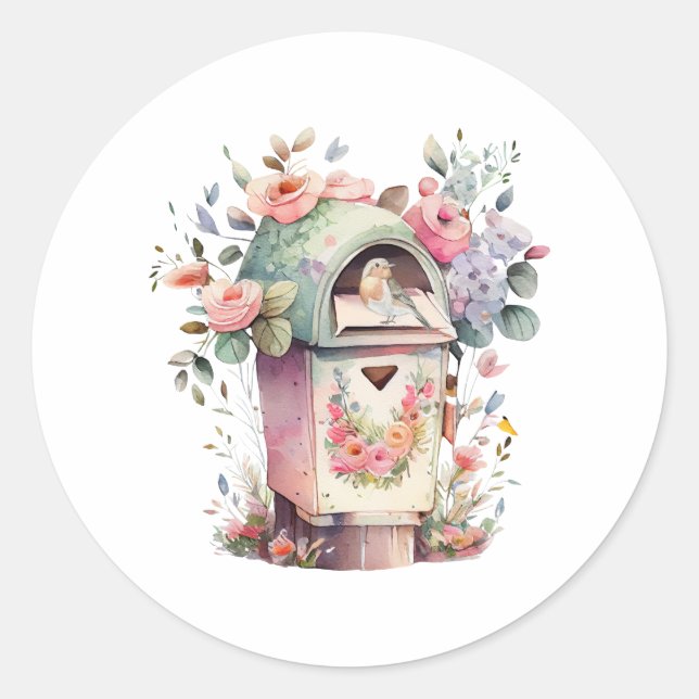 Wasserfarben-Postfach mit Blume und Vogel Runder Aufkleber (Vorderseite)