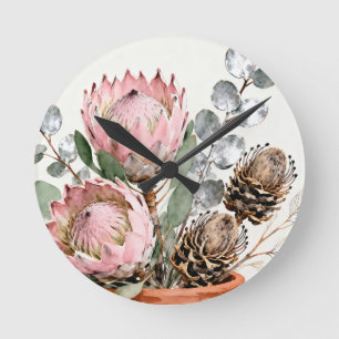 Wasserfarben-Protea-Eukalyptus-Anordnung Runde Wanduhr