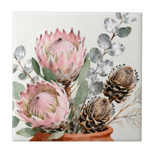 Wasserfarben-Protea-Eukalyptus-Arrangement Fliese