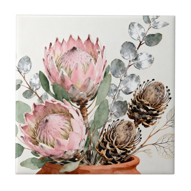 Wasserfarben-Protea-Eukalyptus-Arrangement Fliese (Vorderseite)