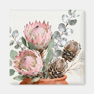 Wasserfarben-Protea-Eukalyptus-Arrangement Magnet