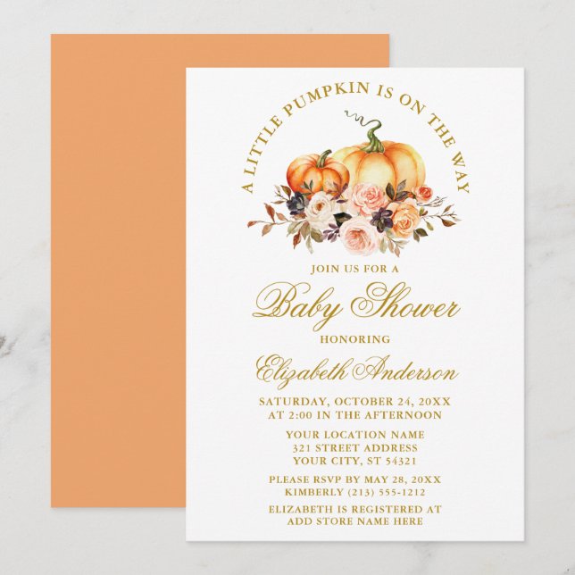 Wasserfarben Pumpkins Herbst Floral Gold Baby Dusc Einladung (Vorne/Hinten)