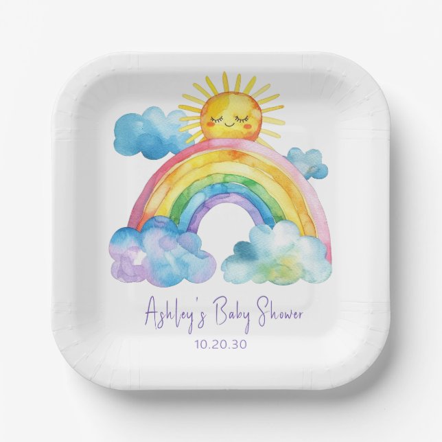 Wasserfarben Rainbow Baby Dusche Pappteller (Vorderseite)