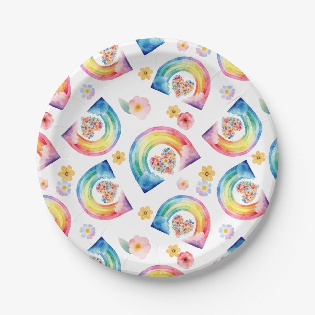 Wasserfarben Rainbow Floral Heart Party Teller (Vorderseite)