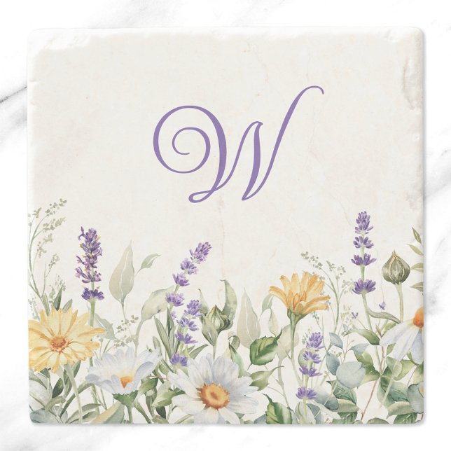 Wasserfarben-Rand-Monogramm mit Wildblumen Steinuntersetzer (Von Creator hochgeladen)