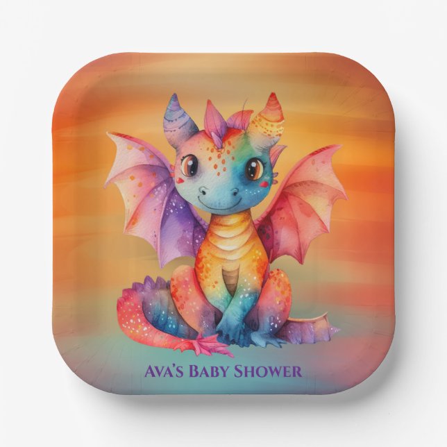 Wasserfarben-Regenbogen-Dragon-Kinderdusche Pappteller (Vorderseite)
