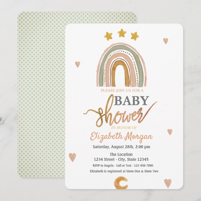 Wasserfarben-Regenbogenstars Herz-Baby-Dusche Einladung (Vorne/Hinten)