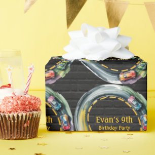 Wasserfarben-Rennstrecke-Jungen-Geburtstagsfeier Geschenkpapier