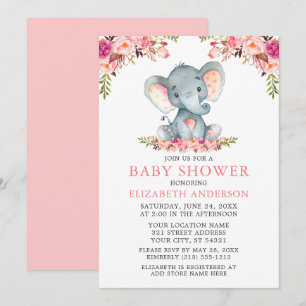Wasserfarben Rosa Blush Bloral Baby Dusche Elefant Einladung