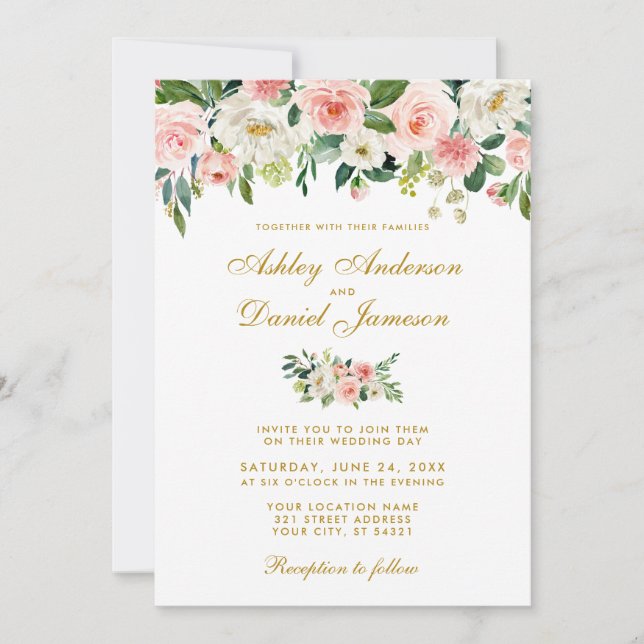 Wasserfarben Rosa Blush White Floral Gold Hochzeit Einladung (Vorderseite)