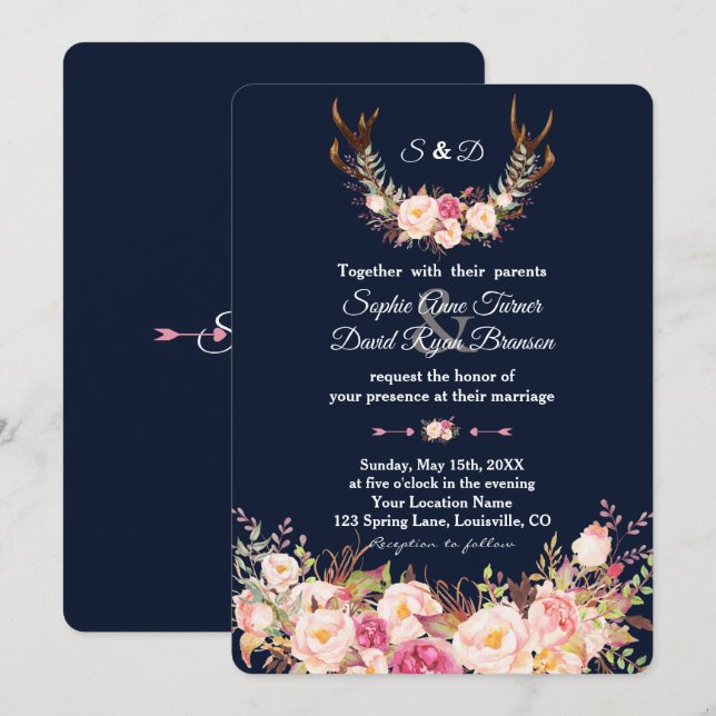 Wasserfarben Rosa Blütenblüte Antlers Navy Hochzei Einladung (Vorne/Hinten)