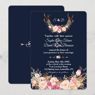 Wasserfarben Rosa Blütenblüte Antlers Navy Hochzei Einladung
