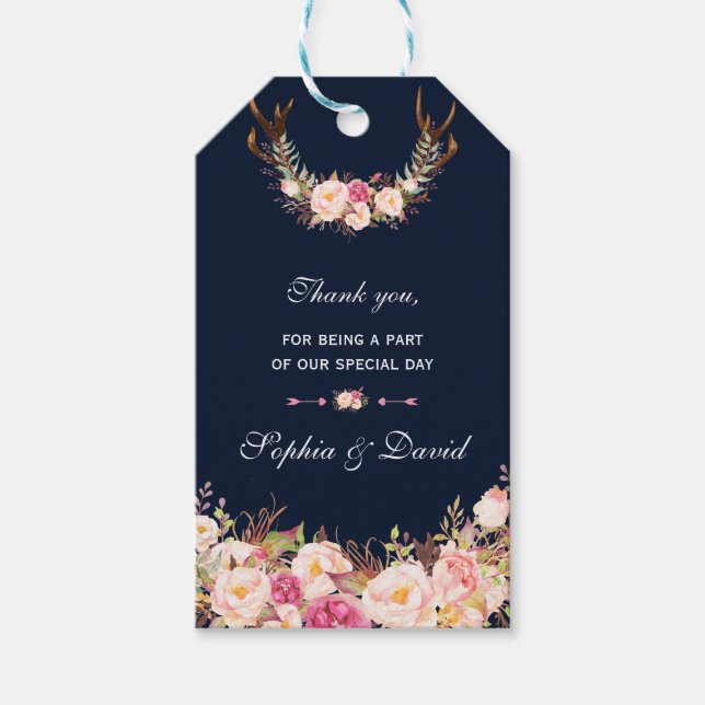 Wasserfarben Rosa Blütenblüte Antlers Navy Hochzei Geschenkanhänger (Vorderseite)