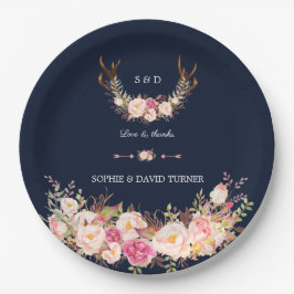 Wasserfarben Rosa Blütenblüte Antlers Navy Hochzei Pappteller