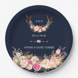 Wasserfarben Rosa Blütenblüte Antlers Navy Hochzei Pappteller